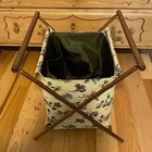 Vintage Foldable Sewing Yarn Knit Crochet Basket Caddy Tote Bag Wood Frame Mcm