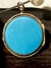 Rare Antique Art Nouveau French Brass Photo Locket Pendant Blue Turquoise Glass
