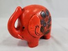 Mid Century Modern Red 5 Inch Elephant Bank With Floral Flower Details