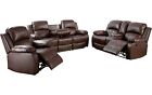 New Brown Leather 3pc Sofa Loveseat Chair 5-recliner Set 4 Cupholders 2 Console