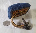 Unusual Antique Hand Painted Victorian Metal Pin Cushion Sewing Clamp Blue