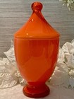 Vintage Empoli Apothecary Jar Candy Dish Orange Glass Pedestal Circus Tent Lid