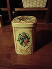 Vintage 4 75    Floral  Gold And Beige Hinged Tin Container Made In England