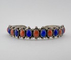Vintage Navajo Sterling Silver Lapis Lazuli   Red Coral 1 Row Cuff Bracelet