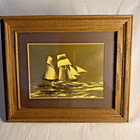 Vintage 1970s Nautical Clipper Ship Sailboat Gold Foil Framed Art Piece