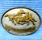 Steer Wrestling Cowboy Belt Buckle Trophy Rodeo Nickel Silver Vintage 80s bmw837
