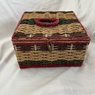 Wicker Woven Sewing Basket Box Red Satin Quilted With Notions Granny Cottage