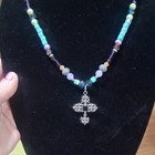 Handcrafted Multicolor Beaded Necklace Crystal Cross Charm Pendant Religious