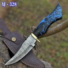 Damascus Fixed Blade Hunting Bowie Knife Leather Sheath Blue Black Resin Handle
