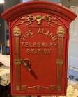 Vintage Gamewell Fire Alarm Box Coin Bank Red   Gold Curved Top With Pedestal