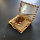 Vtg Powder Mirror Compact Cosmetic Mid Cen Gold Tone Green Rhinestone 50s Art