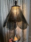 Vintage 3 Bulb 8 Panel Smoked Floral Etched Glass Table Light Lamp Pewter Base