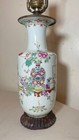 Antique Chinese Republic Period Famille Rose Painted Porcelain Wood Table Lamp