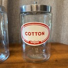 3 Vintage Glasco Glass Medical Jars Bandages Gauze Cotton Lids Red White Set Lot