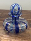 Vintage Murano Style Blue Silver Striped Art Glass Perfume Bottle   Stopper 2 5   