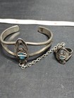 Vintage Sterling Silver Slave Bracelet Ring 925 Linked Chain Blue Stone 27g