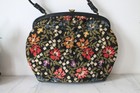 Vintage Floral Needlepoint Tapestry Purse Handbag Black Leather Frame 1950s