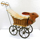 Antique Doll Stroller Pram Bowtie Rabbit Head Wicker Basket With Iron Wheels
