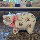 Vintage Lefton Toy Stuffed Pig W Stitches   Roses Ceramic Coin Piggy Bank Kitsch