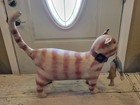 Vntg 1994 Folk Art Oil Cloth Standing Tabby Cat W 3 Fish L Bailey 15 ht   19  7 