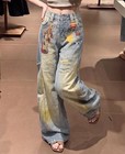 Women s Retro Blue Cartoon Printed Straight Wide Leg Denim Jeans Casual Pants