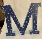 Wooden Painted Letter M Plaque Wall Home Office Blue With White Confetti C7