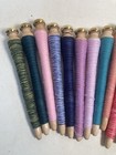 Spools Wood Bobbins Quills Threaded Wrapped Shiny Brass End  Lot Of 15 Items