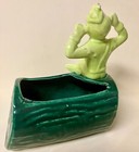 Vintage  Ceramic - Green Pixie   Elf - Sitting On Log -  50s   60s Small Planter