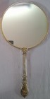Vintage Ornate Gold Tone Oval Vanity Hand Mirror Floral Handle Brocade Back