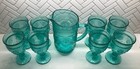Pioneer Woman Adeline Turquoise Teal Embossed Pitcher   Set  8  Glasses Tumblers