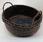 Vintage Japanese Ikebana Basket Handwoven Bamboo Rich Red Green Twisted Handles