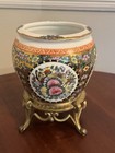 1970s  Chinese Famille Rose Medallion Porcelain Planter  Gilded Cast-metal Stand