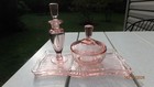 Vintage Pretty In Pink Glass Vanity Set-- Perfume W  Dauber-- Lidded Box   Tray