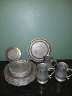 Vintage Pewter Dinnerware Set Plates Mugs Napkin Rings Collectible Tableware