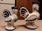 Lot 2 Vintage Hand-painted Gzhel Blue   White Porcelain Roosters Russia Ussr