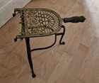 Antique Fireplace Hearth Standing Trivet Brass Wrought Iron Wood Handle Warmer Q