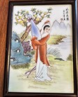 Vintage Chinese Painted Porcelain Art Plaque In Wood Frame Set Of 3 Beautiful 