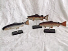Set Of Three Wood Carved Trout Fish On Base Folk Art