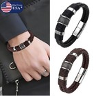 Men s Multilayer Genuine Leather Bracelet Stone Bead Wrist Bangle Brown Black Us