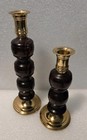 Vintage Mid Century Brass   Wood Candlestick Holders Set Of Two Beautiful Wood
