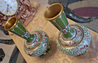 Pair Of Gorgeous Chinese Bronze Vases Cloisonne Green Aqua Enamel --read  
