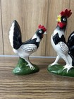 Vintage Rooster Hen Ceramic Figurines Japan Black White Red Pair Farmhouse Decor