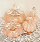 Vtg 40s Fenton Pink Overlay Melon Vanity Set Perfume   Powder Jars W lids
