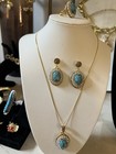 Gold Tone Blue Oval Stone Crystal Rhinestone Jewelry Set Necklace Earrings Ring