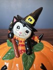 Vintage Kitsch Retro Lefton Halloween Black Cat Ceramic Pumpkin Candle Holder