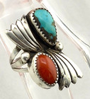 Chunky Antique Navajo Turquoise   Coral Sterling Silver Feathers Ring Sz6