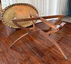 1960s Moroccan Teak And Hammered Etched Brass Oval Tray Spider Leg Coffee Table