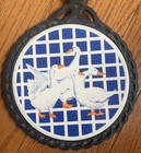 Vintage Cast Iron Ceramic Tile Footed Blue White Checkered With Ducks Trivet