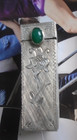 Vintage Floral Etched Silver 800 Green Jade Gemstone Lipstick Holder case Mirror
