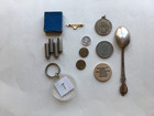 Vintage Junk Drawer Lot - Collectibles  Violin Tuner  Coins  Silver Plated Spoon